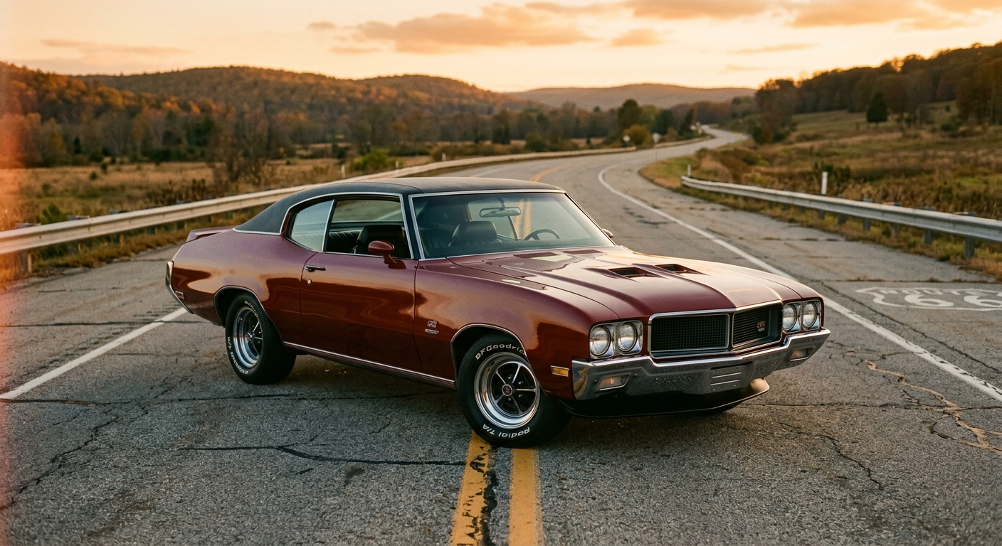 1970 Buick Gran Sport 455 Stage 1 muscle car photographed during golden hour on empty highway