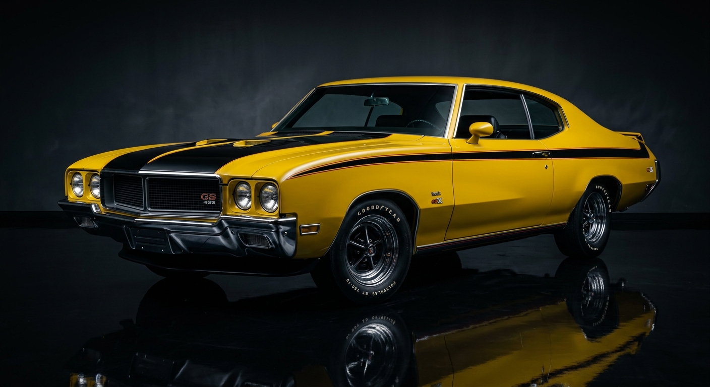1970 Buick GSX muscle car in dramatic studio lighting with dark background and reflective floor