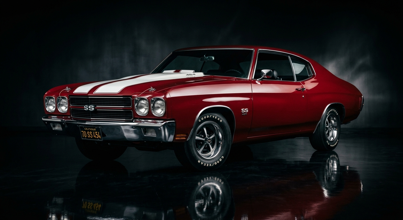 1970 Chevelle Malibu SS 454 muscle car in dramatic studio lighting with dark background