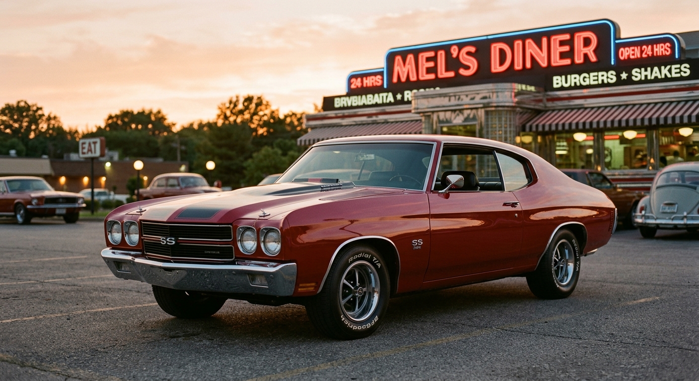 1970 Chevelle SS 396 muscle car in golden hour lighting at outdoor setting