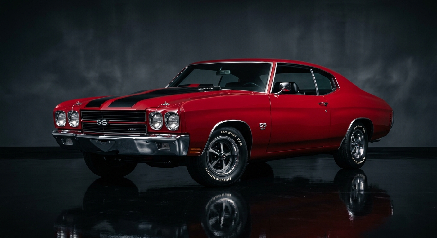 1970 Chevrolet Chevelle SS 454 LS6 muscle car in dramatic studio lighting with dark background