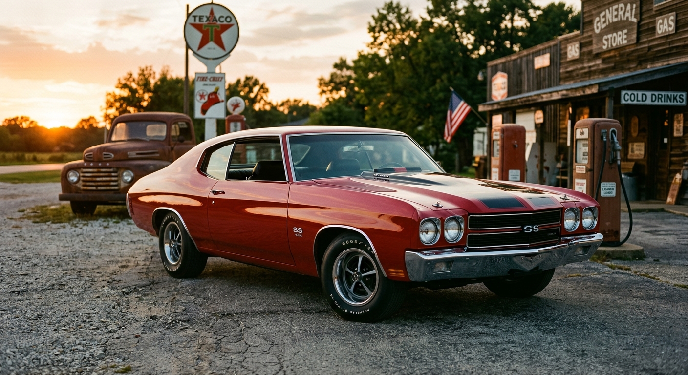 1970 Chevrolet Chevelle SS 454 LS6 muscle car in cranberry red photographed in dramatic golden hour lighting