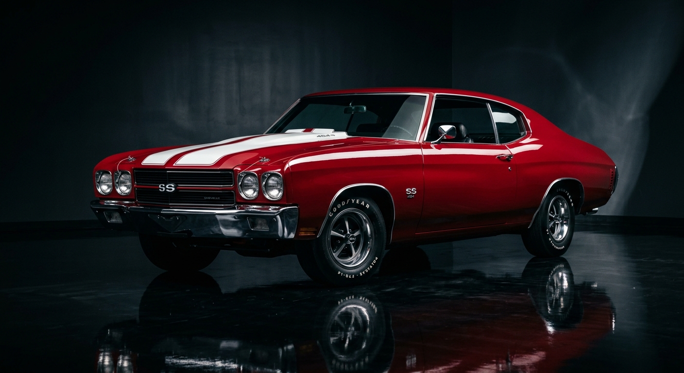 1970 Chevrolet Chevelle SS 454 in classic studio lighting with dramatic shadows highlighting its aggressive muscle car stance