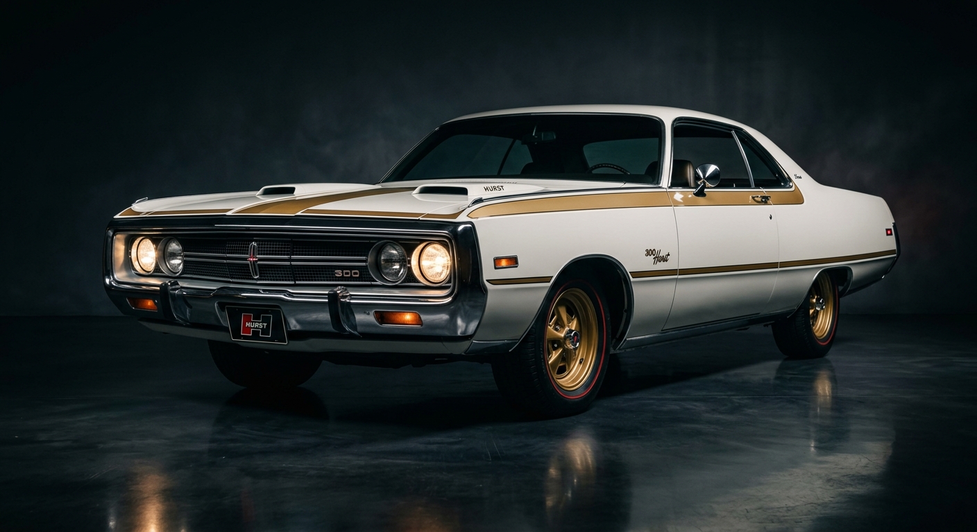 1970 Chrysler 300 Hurst muscle car photographed in dramatic studio lighting with dark background