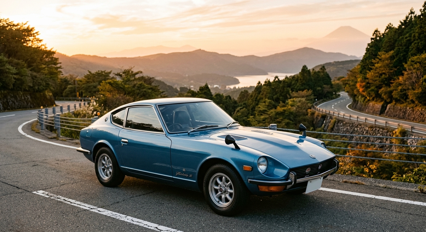 1970 Datsun Fairlady Z 432 classic Japanese sports car in metallic blue photographed during golden hour