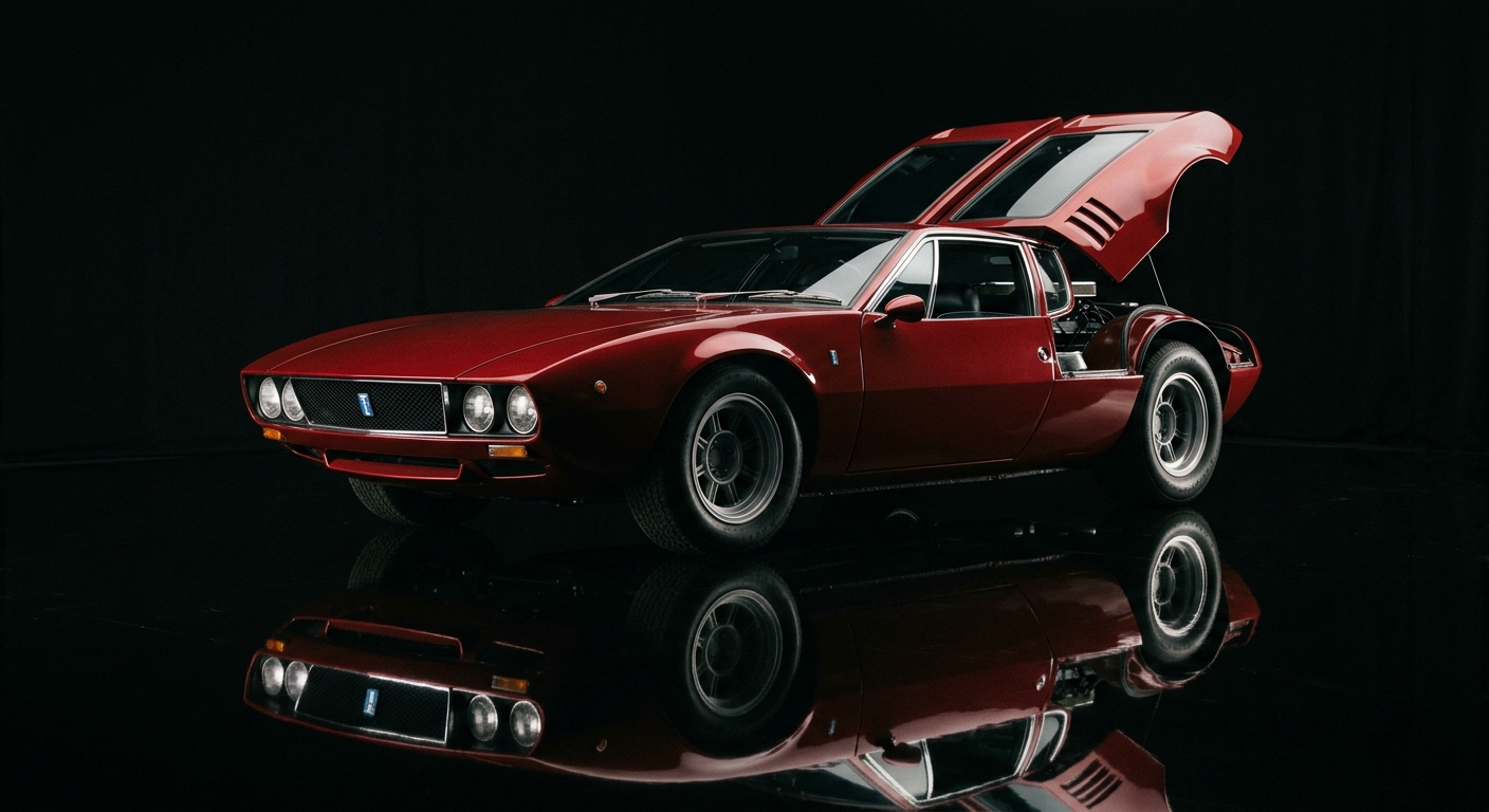 1970 De Tomaso Mangusta exotic sports car in dramatic low-key studio lighting on reflective floor