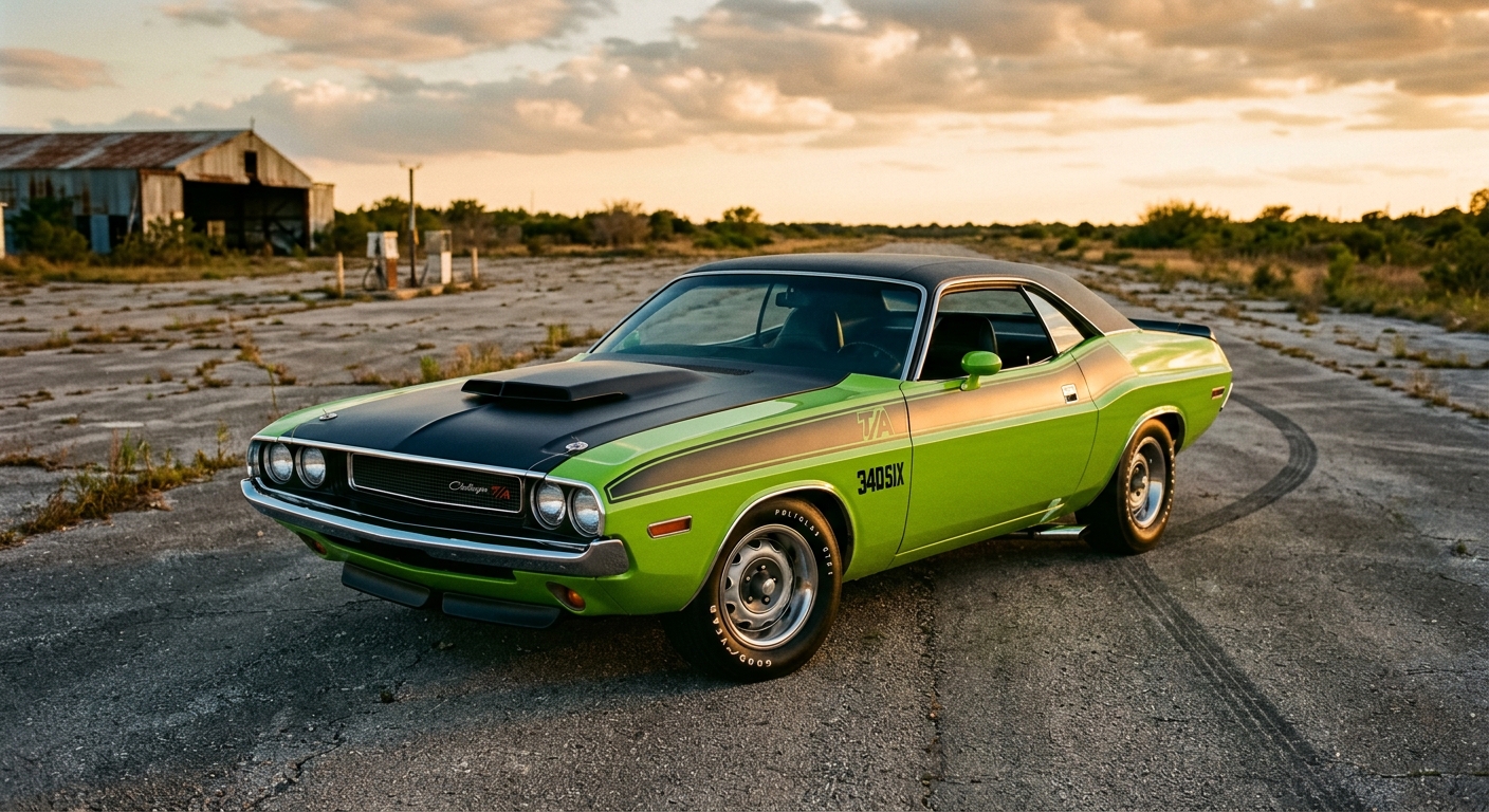 1970 Dodge Challenger T/A muscle car in Sublime Green with distinctive rear spoiler and side exhaust pipes