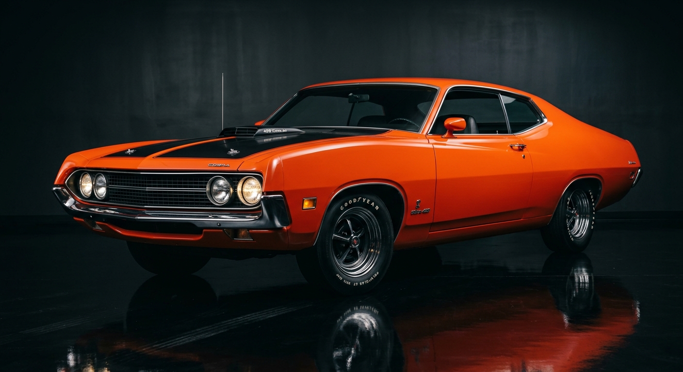1970 Ford Torino Cobra 429 muscle car in dramatic studio lighting with dark background