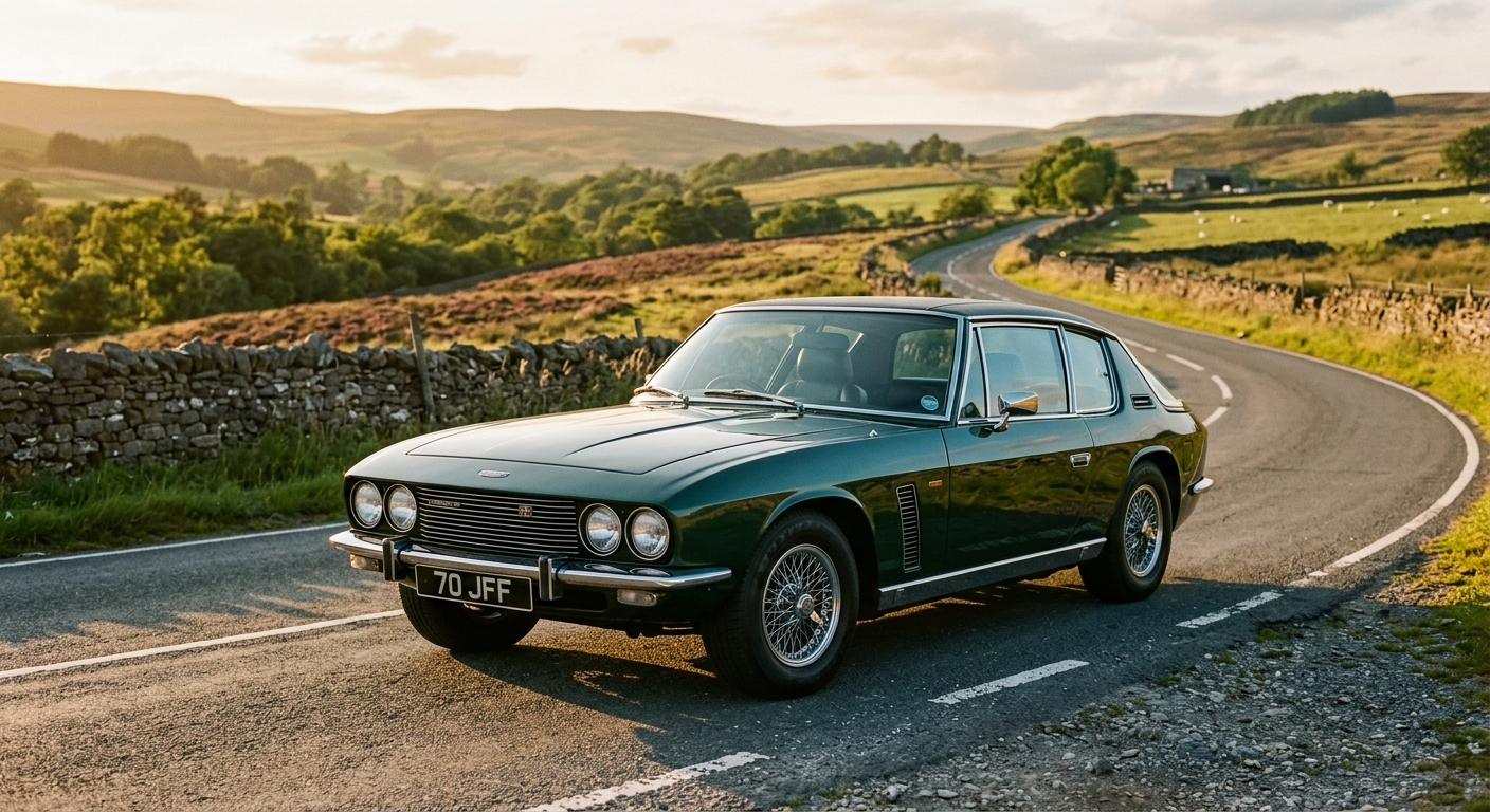 1970 Jensen Interceptor FF muscle car photographed in golden hour lighting on countryside road