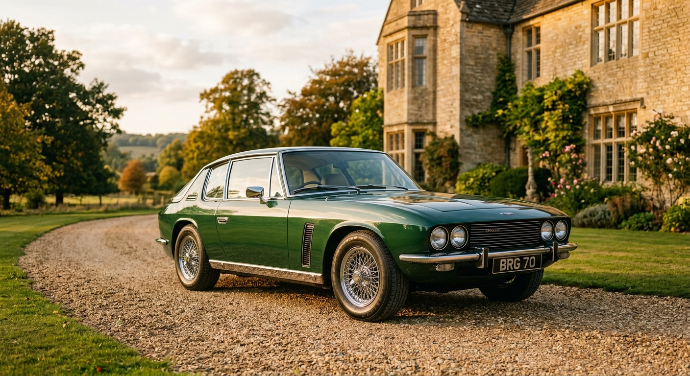 1970 Jensen Interceptor classic British GT car with distinctive wraparound rear window in studio lighting