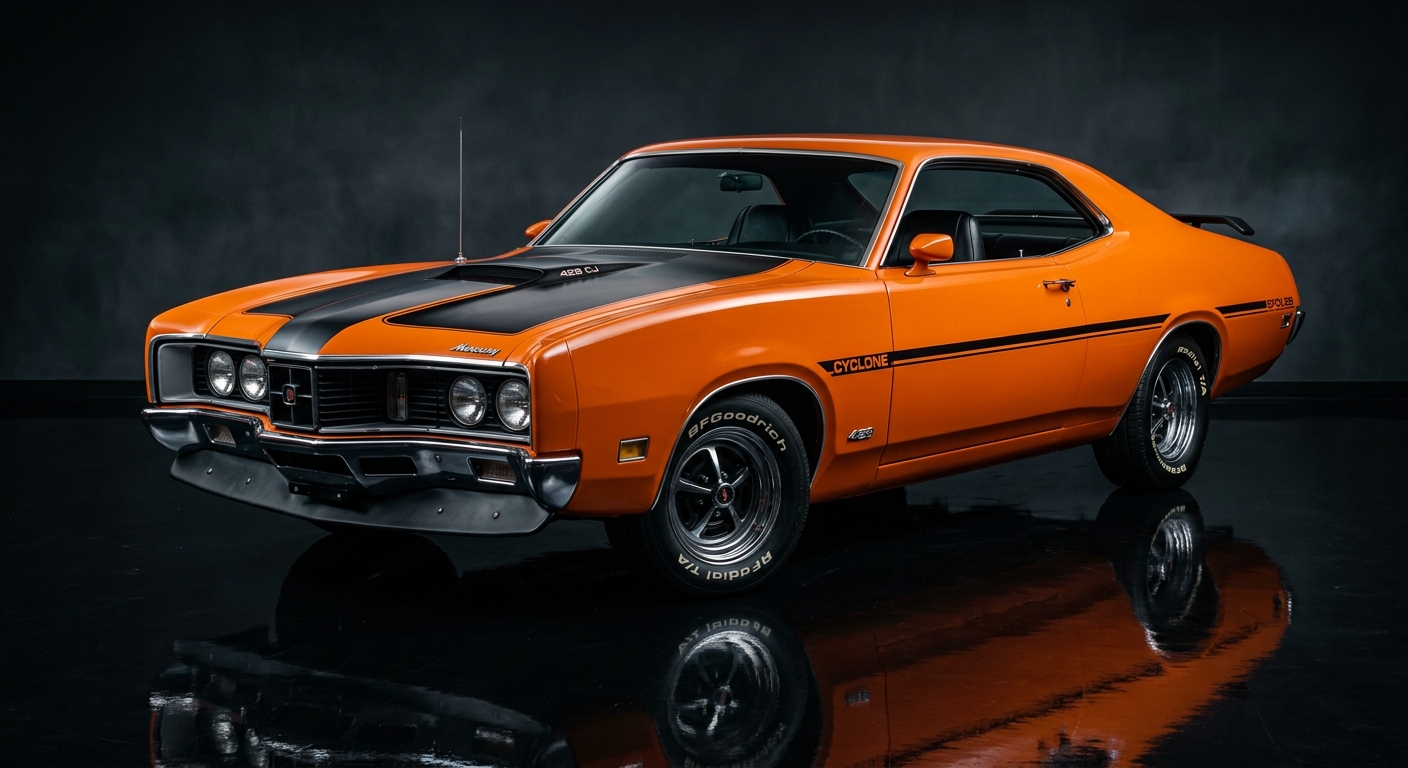 1970 Mercury Cyclone Spoiler 429 in dramatic studio lighting with dark background