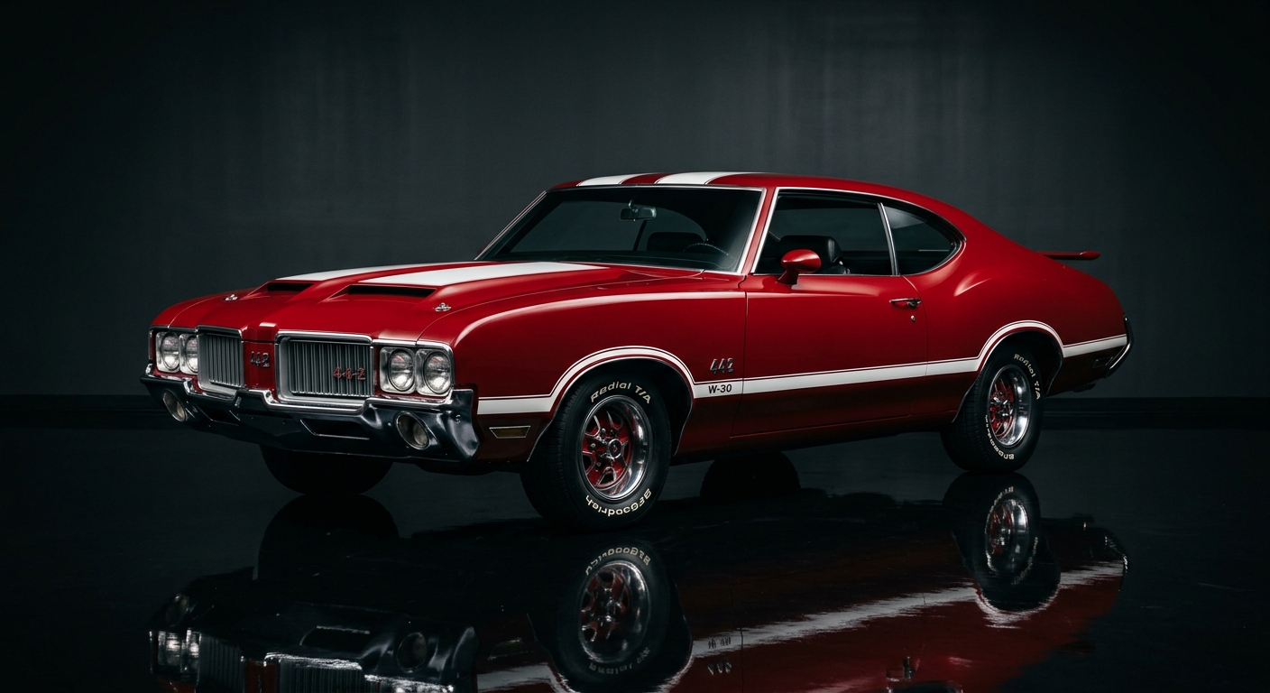 1970 Oldsmobile 442 W-30 muscle car in dramatic studio lighting with dark background and reflective floor