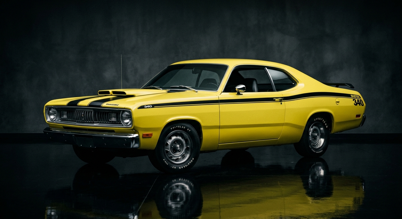 1970 Plymouth Duster 340 muscle car photographed in dramatic studio lighting with dark background