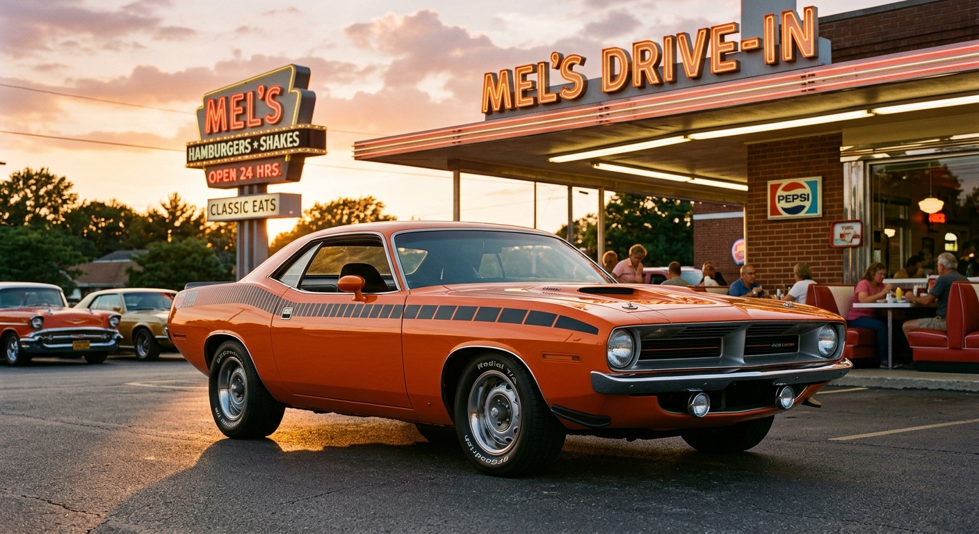 1970 Plymouth Hemi 'Cuda muscle car in orange with black stripes parked at sunset