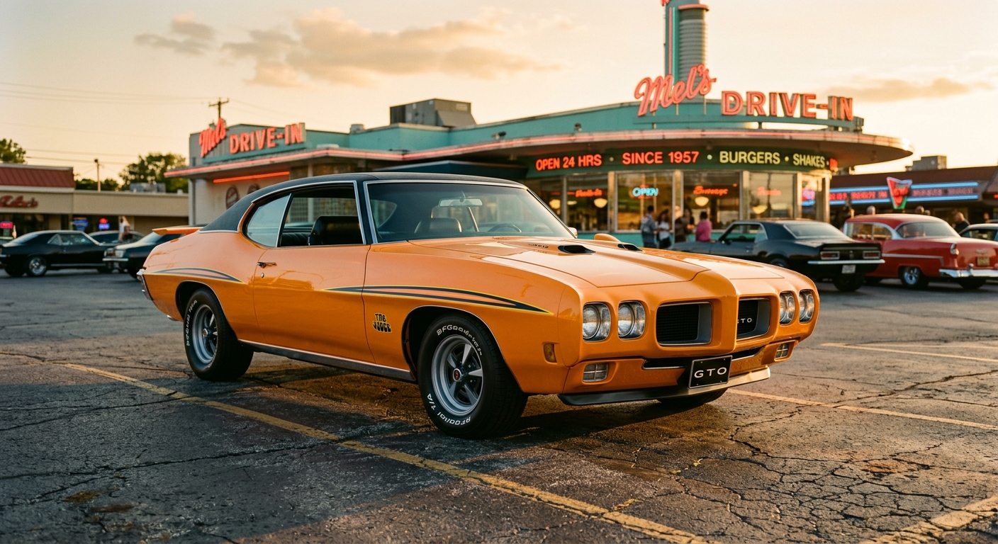 1970 Pontiac GTO Judge muscle car in Orbit Orange paint photographed in golden hour lighting
