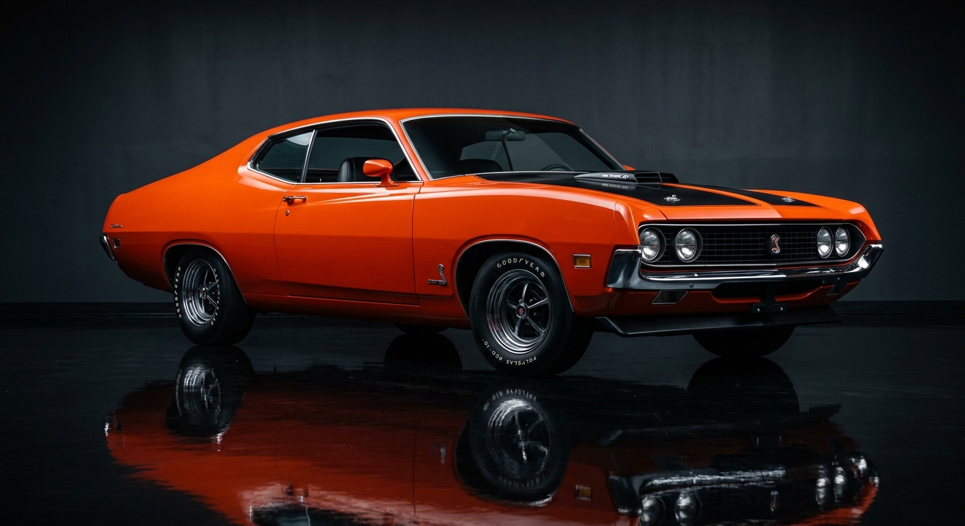 1970 Ford Torino Cobra 429 muscle car in dramatic studio lighting with dark background and reflective floor