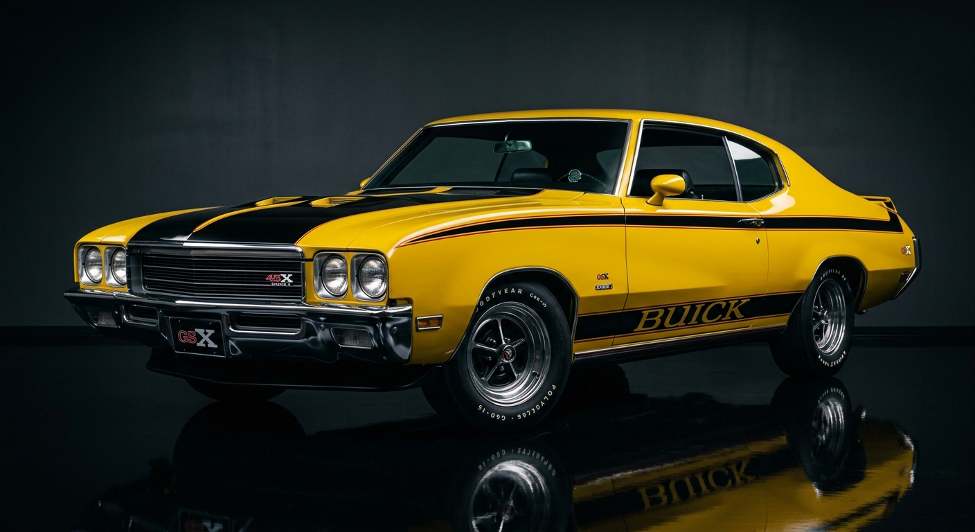 1971 Buick Skylark GSX muscle car in dramatic low-key studio lighting with dark background