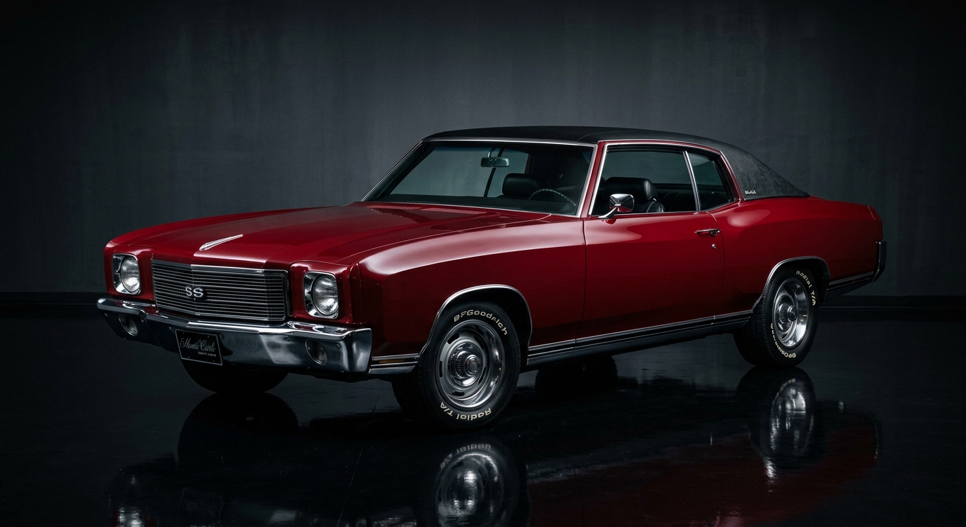 1971 Chevrolet Monte Carlo SS 454 in dramatic studio lighting with reflective floor