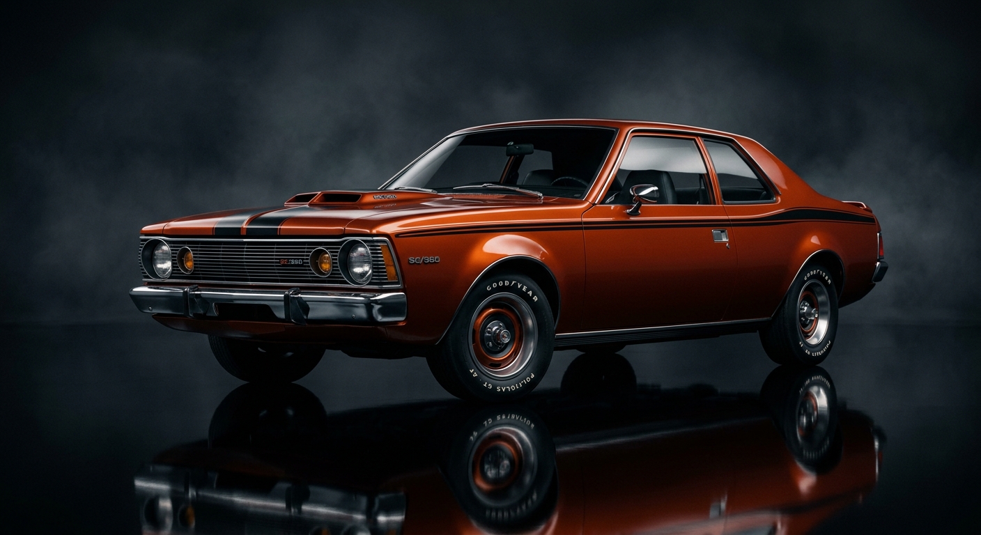 1971 Hudson Hornet SC/360 muscle car in dramatic low-key studio lighting with dark background and reflective floor