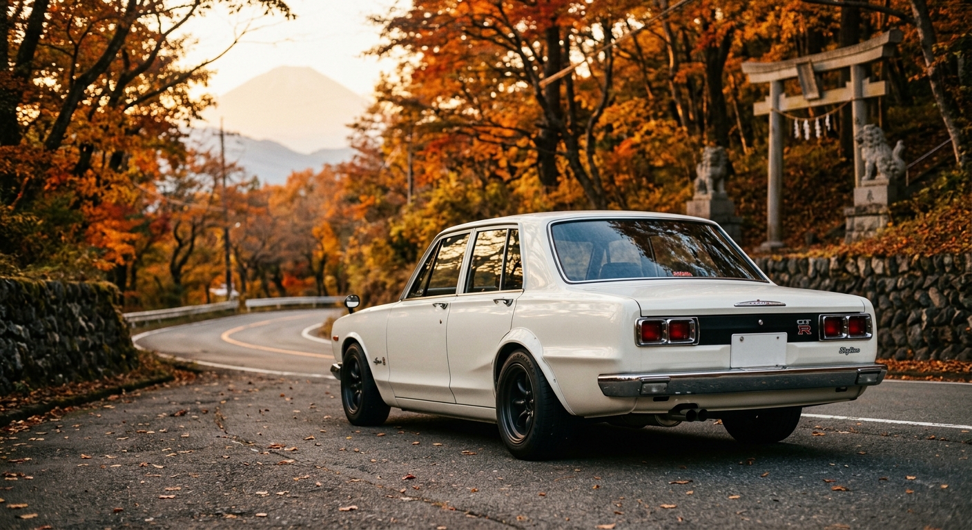 1971 Nissan Skyline GT-R Hakosuka in classic white finish photographed in golden hour lighting