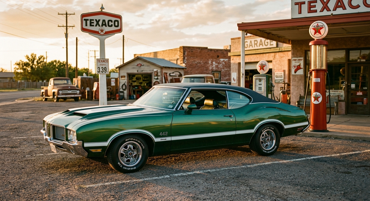 1971 Oldsmobile Cutlass 442 muscle car photographed in golden hour lighting at vintage gas station