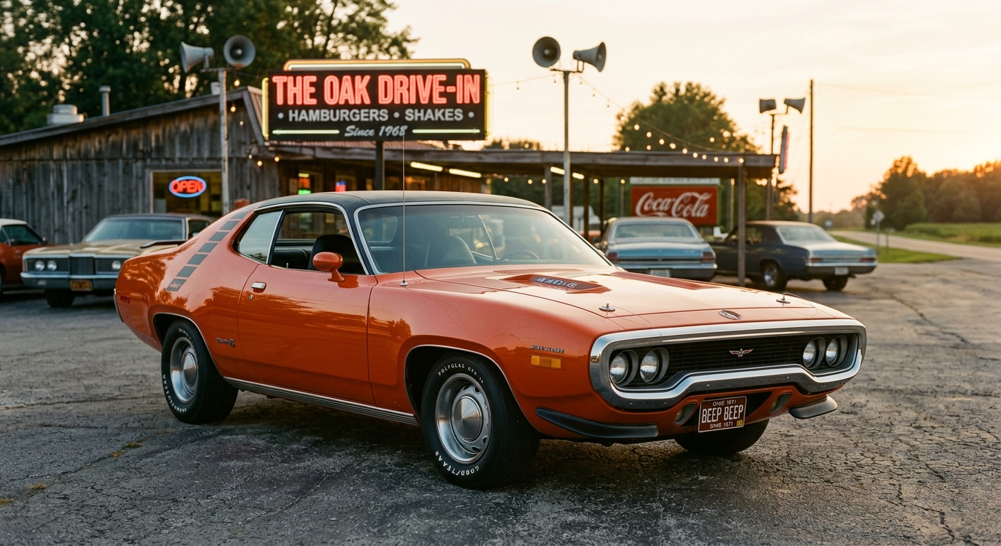 1971 Plymouth Road Runner muscle car in classic orange paint photographed during golden hour