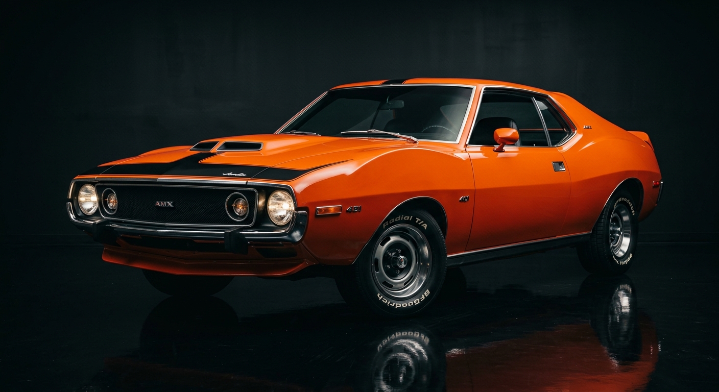 1972 AMC Javelin AMX muscle car in dramatic studio lighting with dark background