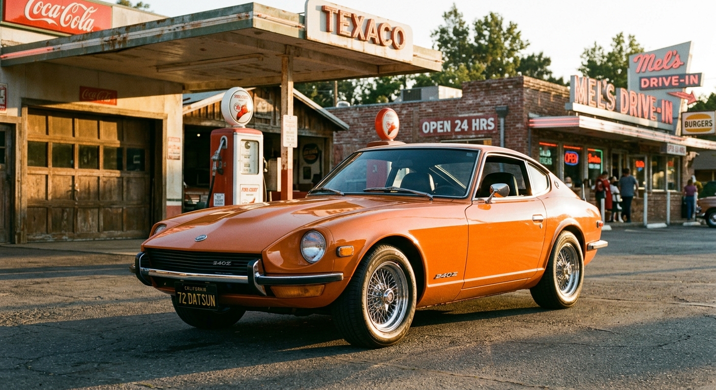 1972 Datsun 240Z classic Japanese sports car in golden hour lighting