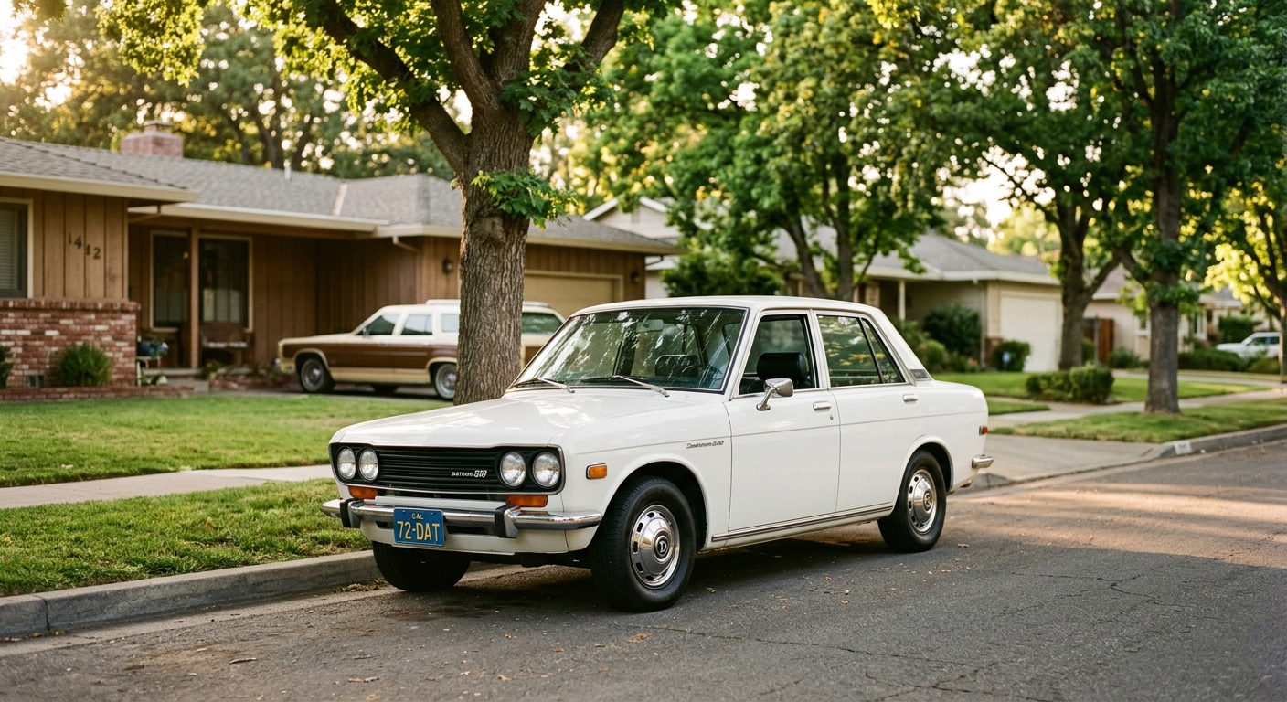 Classic 1972 Datsun 510 sedan photographed during golden hour in a period-appropriate suburban setting