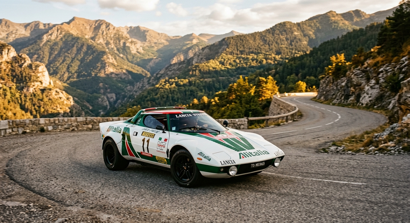1972 Lancia Stratos HF in classic Alitalia livery photographed during golden hour at a mountain rally stage
