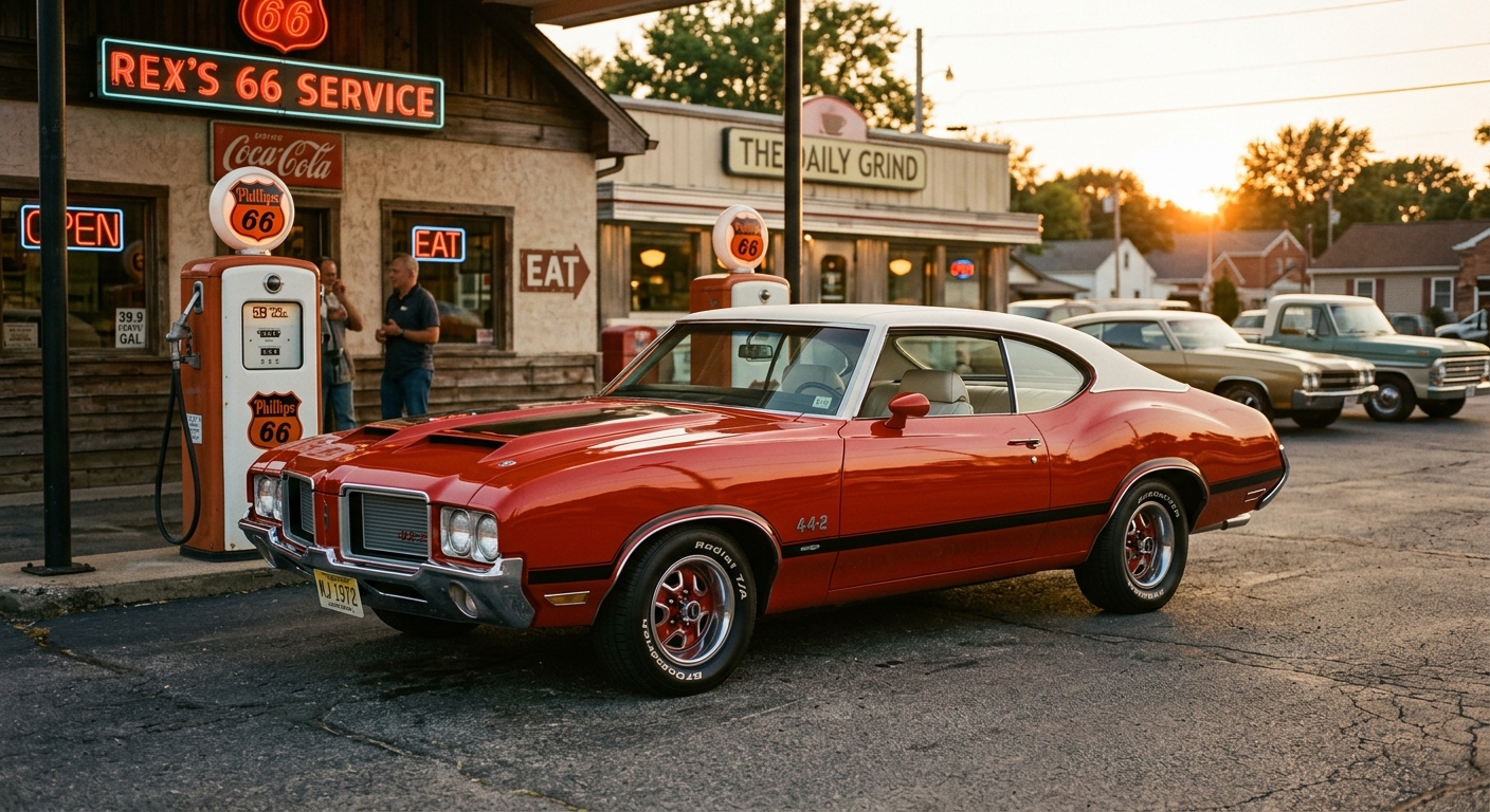 1972 Oldsmobile Cutlass Supreme 442 muscle car photographed in golden hour lighting at classic outdoor location