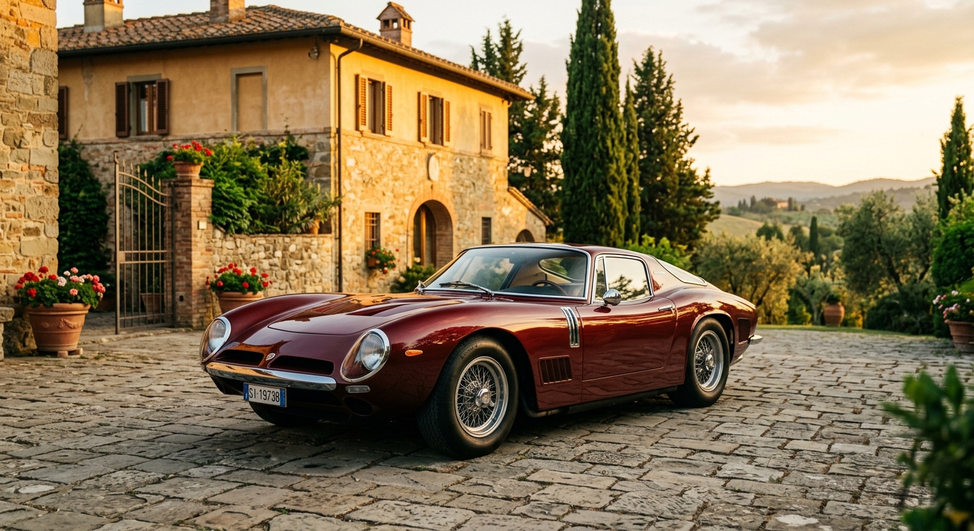 1973 Bizzarrini 5300 GT Europa classic Italian supercar in golden hour lighting against vintage Italian villa backdrop