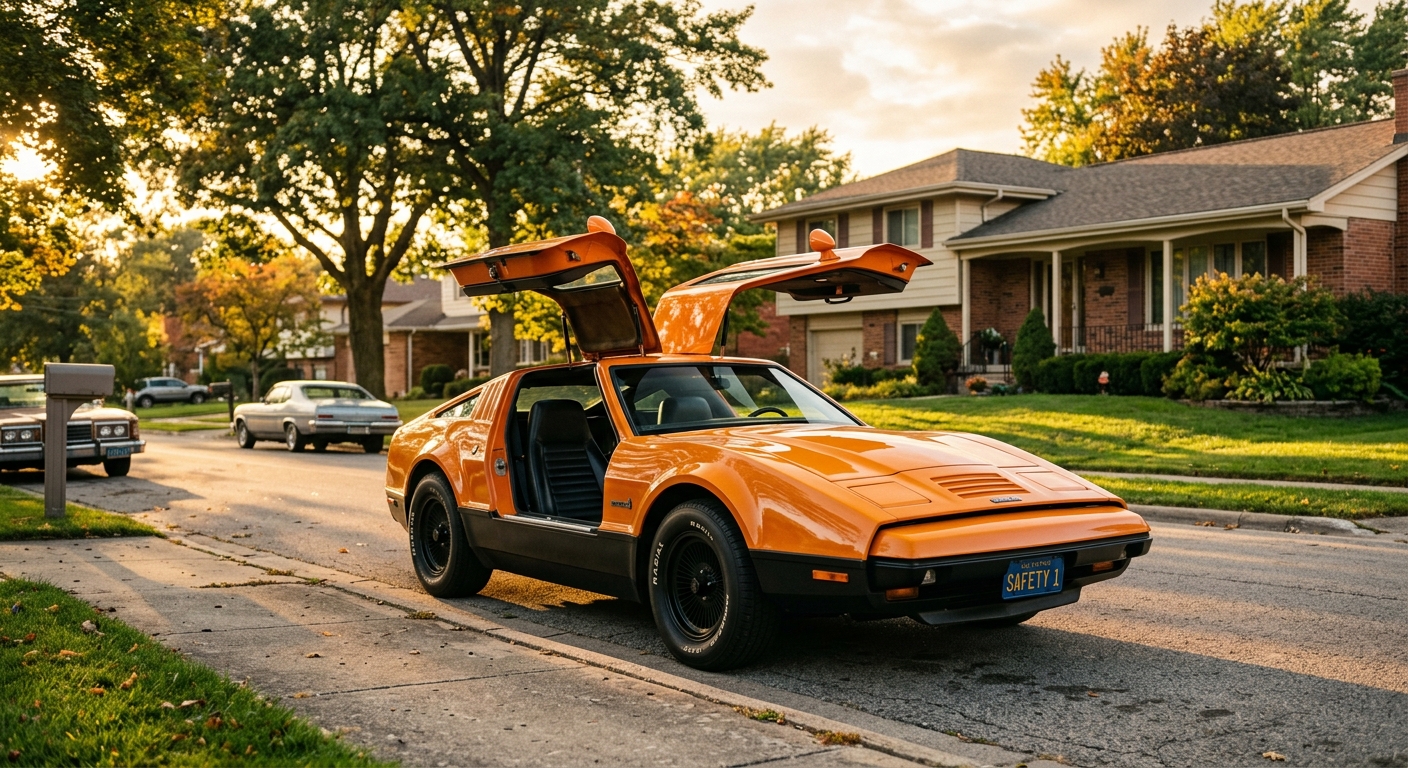 1973 Bricklin SV-1 sports car with distinctive gull-wing doors open, showing its unique fiberglass body and safety-focused design