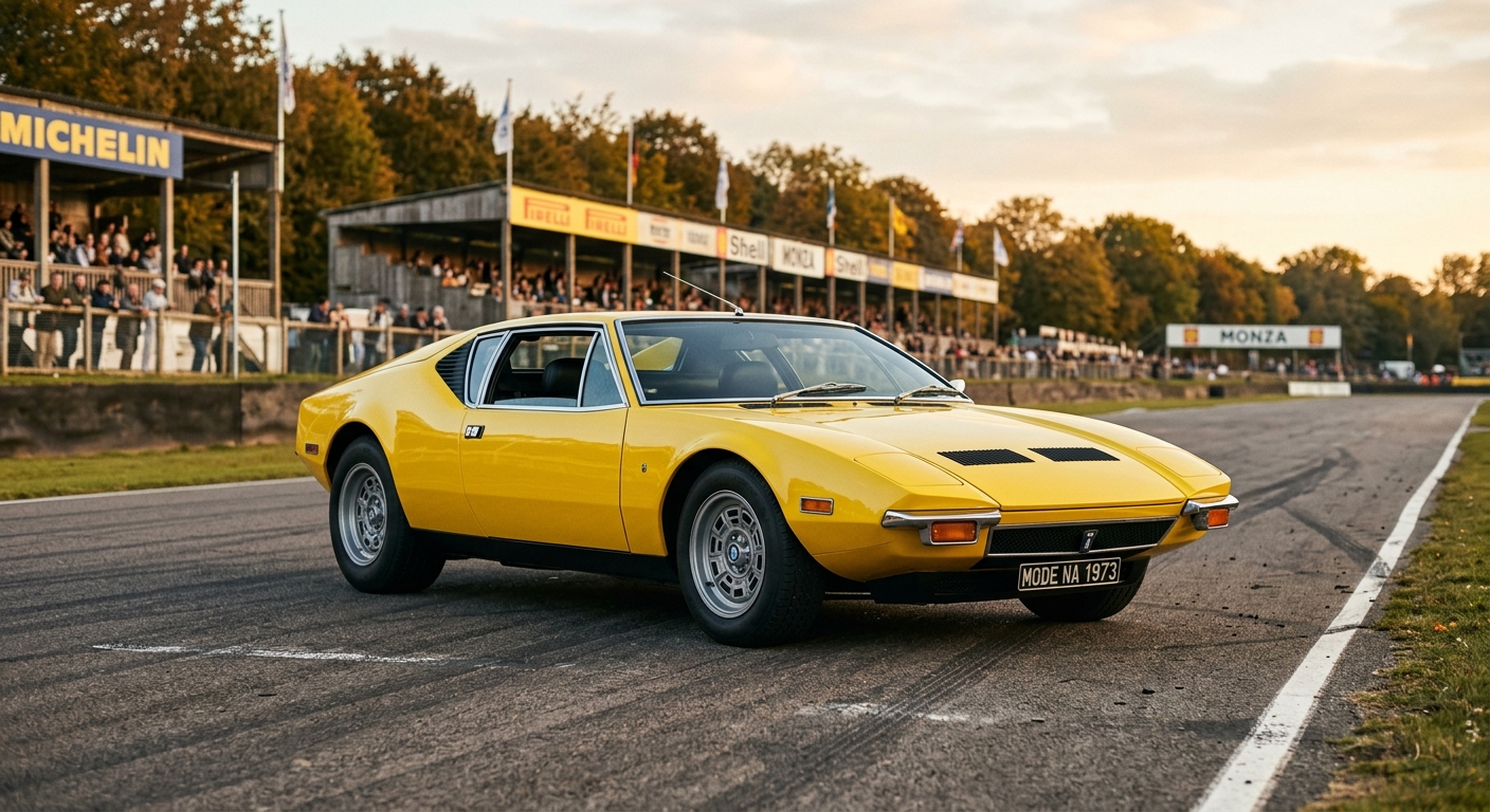 1973 De Tomaso Pantera in classic yellow photographed in warm golden hour lighting at a vintage racing circuit