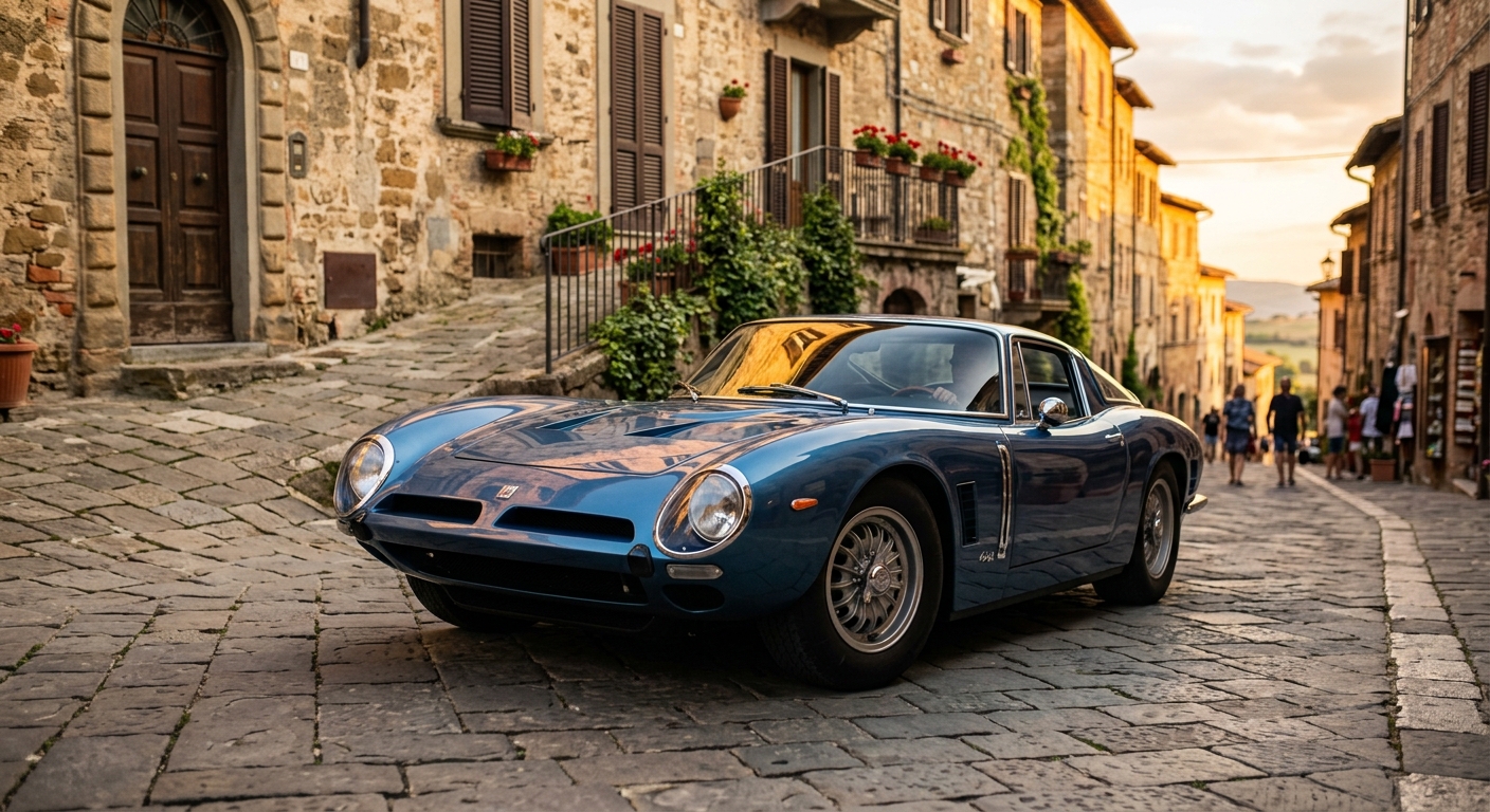 1973 Iso Grifo A3/C Italian sports car photographed in golden hour light on classic European street