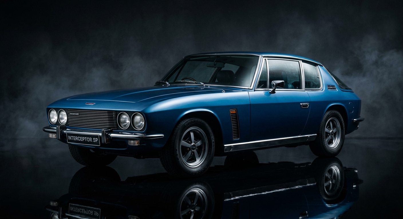 1973 Jensen Interceptor SP muscle car in dramatic studio lighting with dark background and reflective floor