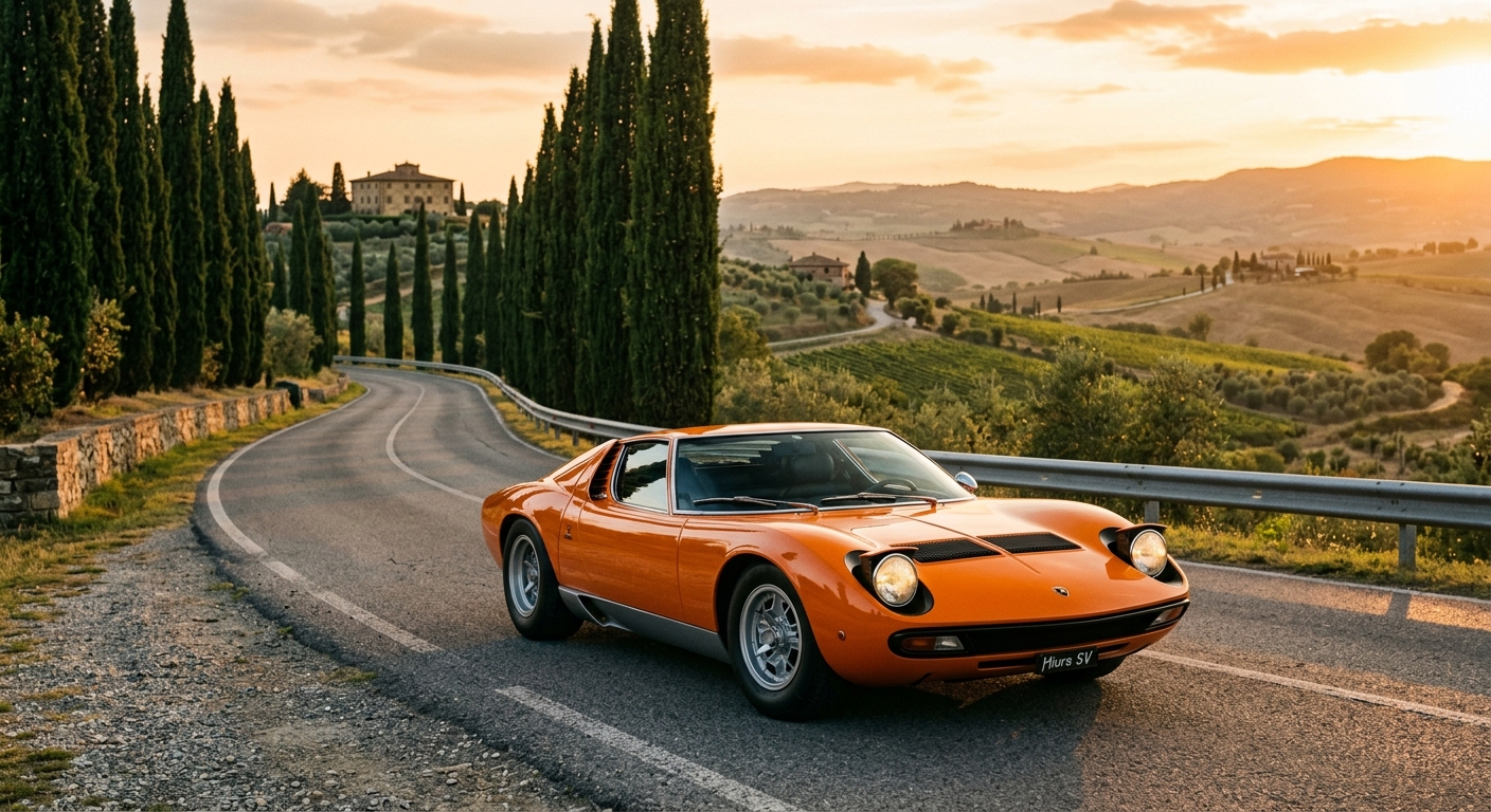 1973 Lamborghini Miura SV in classic orange at golden hour on Italian countryside road