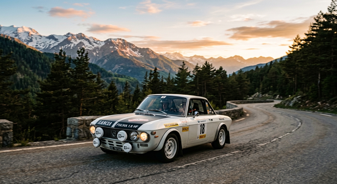 1973 Lancia Fulvia HF classic rally car photographed in golden hour lighting on mountain road
