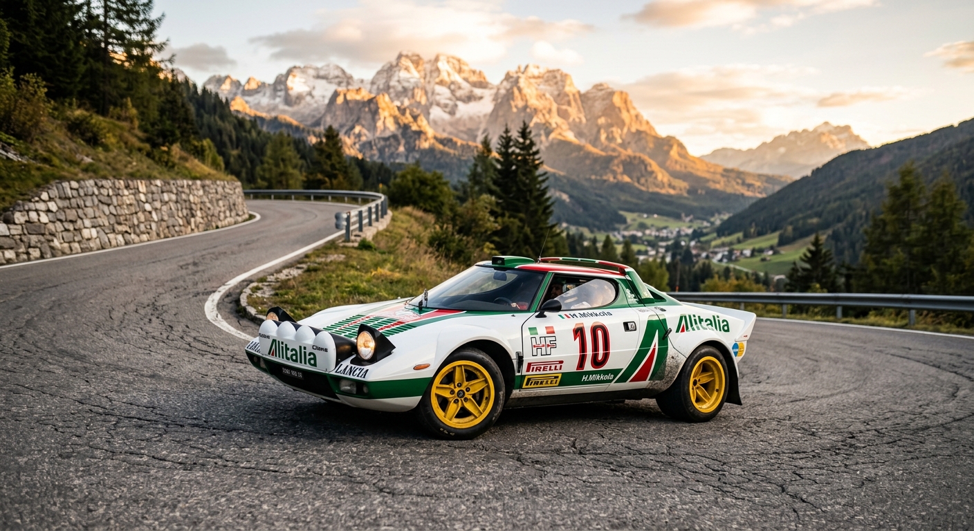 1973 Lancia Stratos in classic Alitalia livery photographed during golden hour at a mountain pass