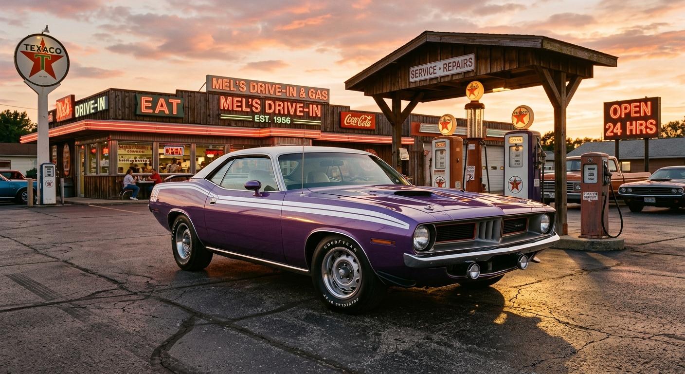 1973 Plymouth Barracuda muscle car photographed in golden hour lighting at classic outdoor setting