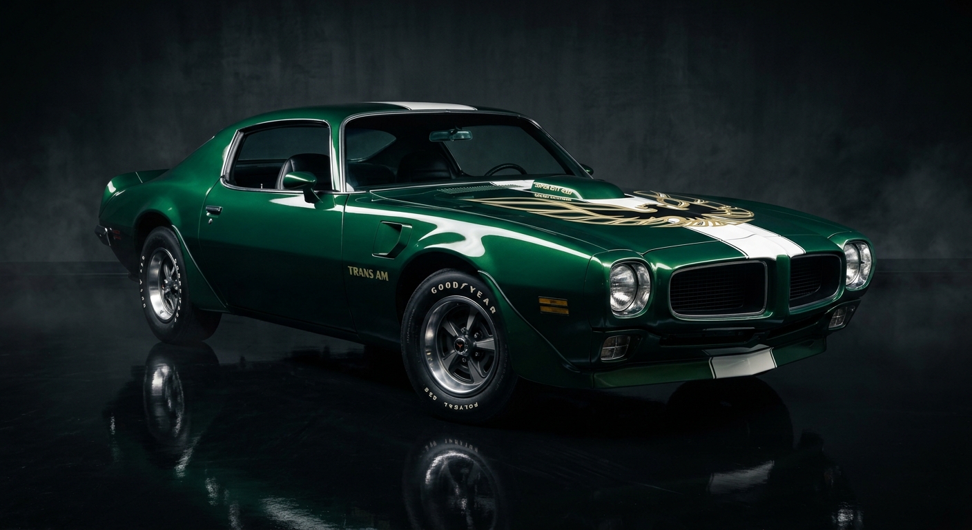 1973 Pontiac Firebird Trans Am Super Duty 455 in dramatic studio lighting with dark background