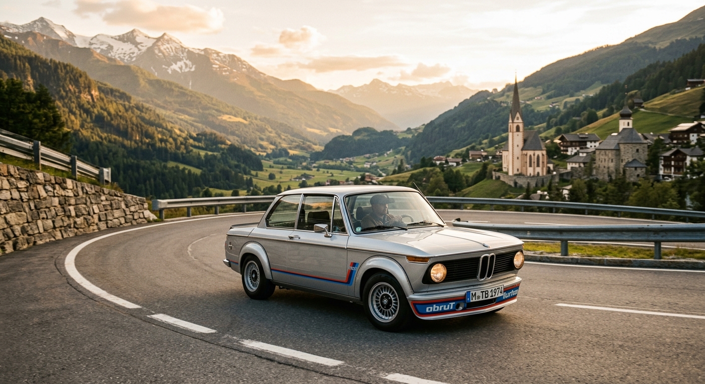 1974 BMW 2002 Turbo classic German sports sedan in period setting with golden hour lighting
