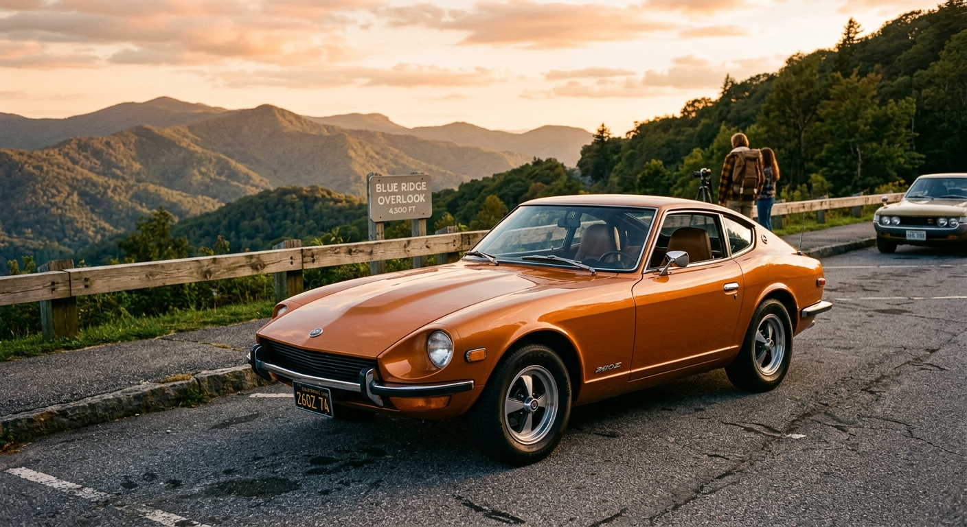 1974 Datsun 260Z sports car photographed in warm golden hour lighting at a scenic overlook
