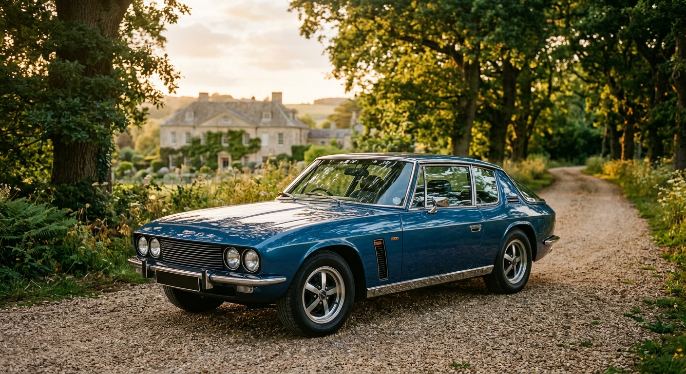 1974 Jensen Interceptor III muscle car in golden hour lighting showing its distinctive fastback profile
