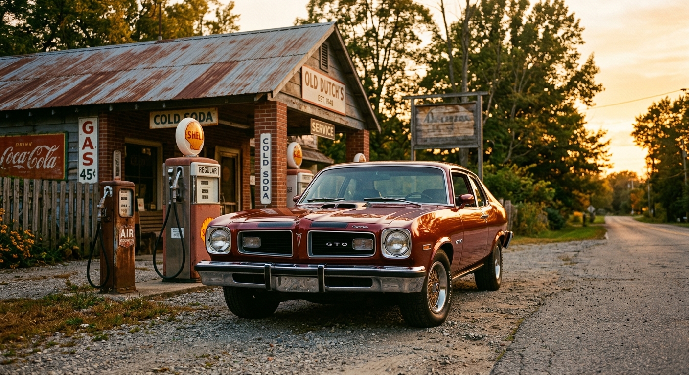 1974 Pontiac GTO muscle car photographed during golden hour in classic outdoor setting