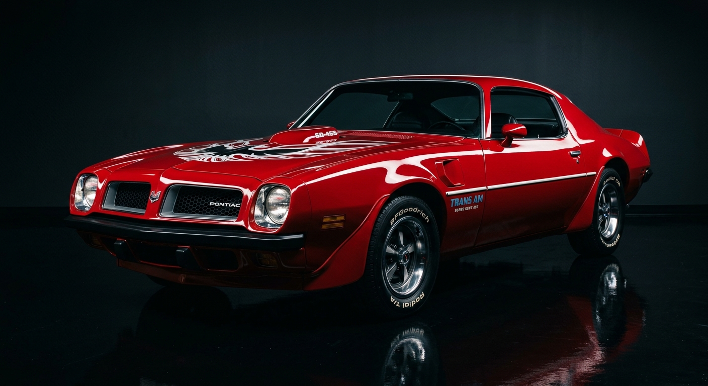 1974 Pontiac Trans Am Super Duty 455 muscle car in dramatic studio lighting with dark background