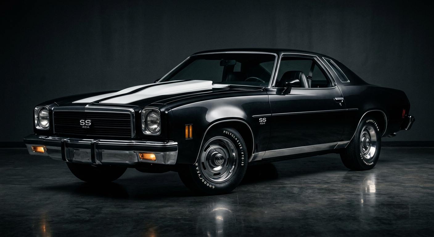 1975 Chevrolet Chevelle SS 454 muscle car in studio lighting with dark background