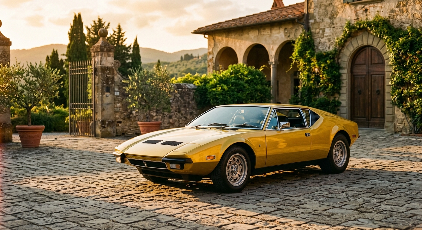 1975 De Tomaso Pantera L mid-engine exotic car in classic Italian design photographed in golden hour lighting
