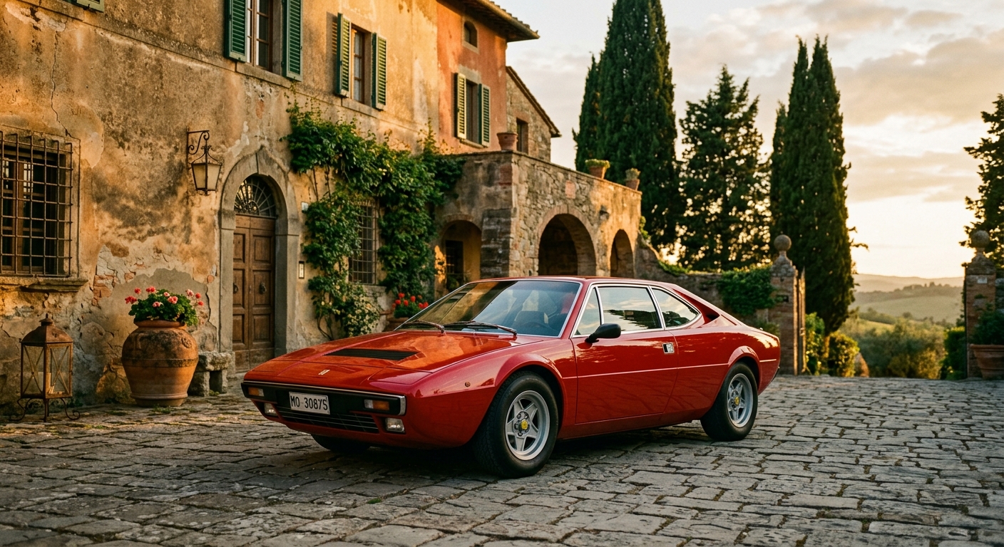 1975 Ferrari Dino 308 GT4 in classic red finish photographed during golden hour at a vintage Italian villa