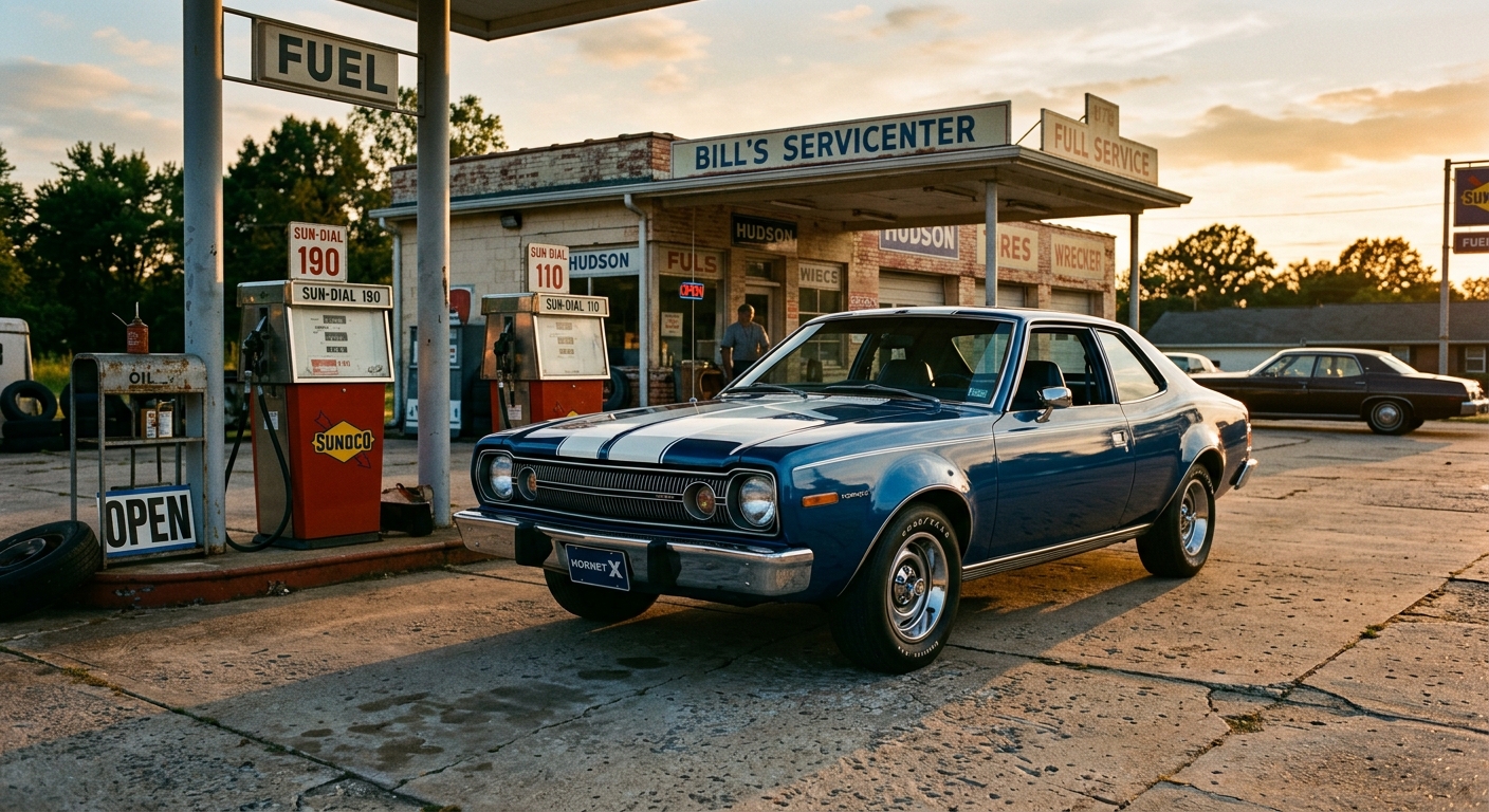 1975 Hudson Hornet X muscle car in golden hour lighting at vintage gas station